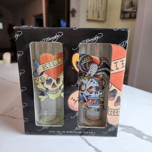 VINTAGE NEW IN BOX ED HARDY HIGH BALL DRINKING GLASSES